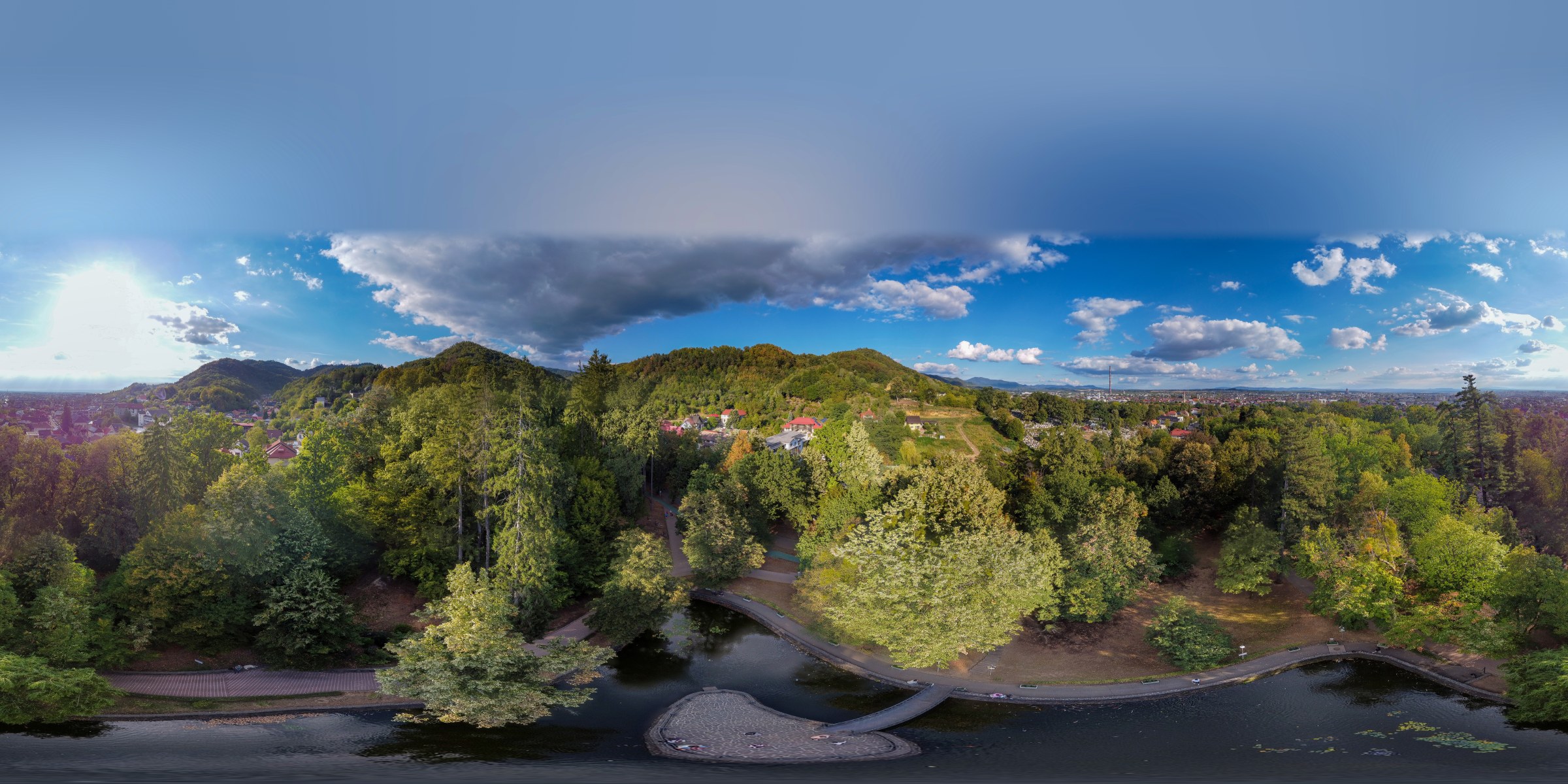 360 panorama of a park with a lake, taken at 36 m, sky closed above