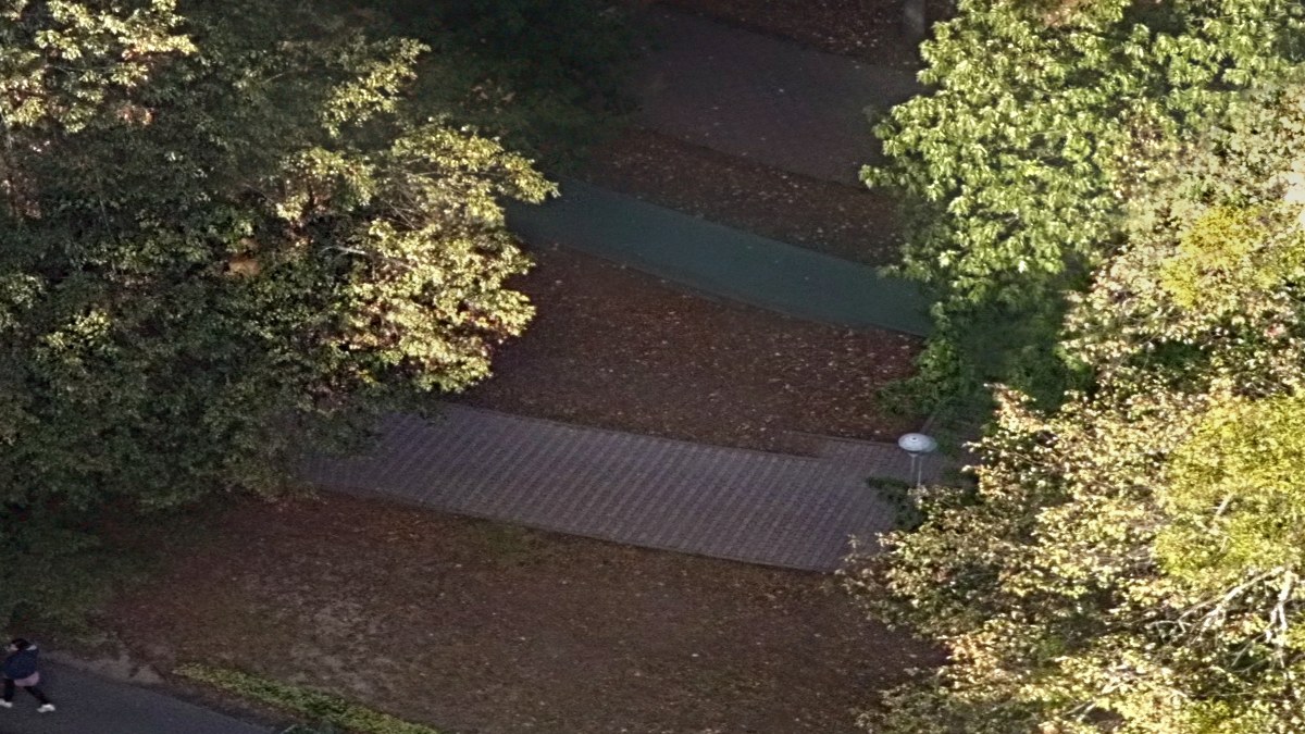 A paved path in the park, broken where two frames meet