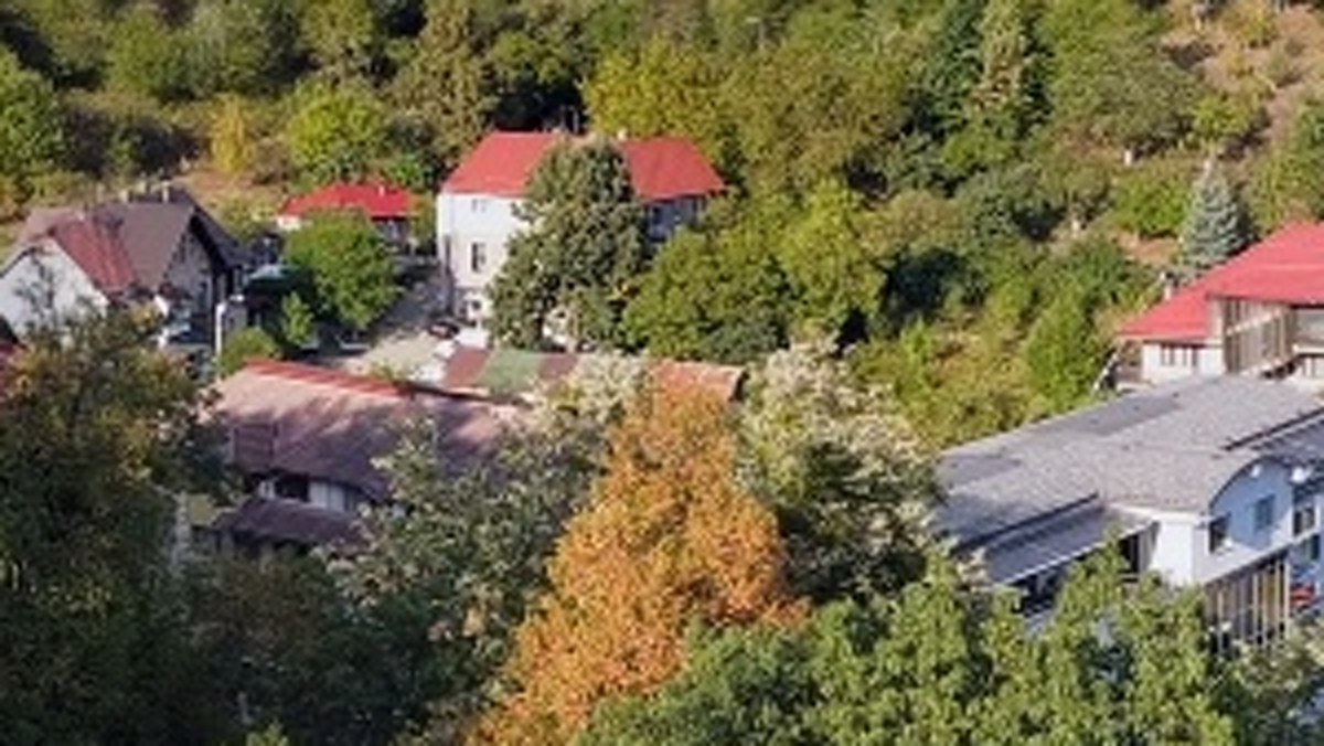 Houses by the park in the DJI Fly panorama, soft when zoomed