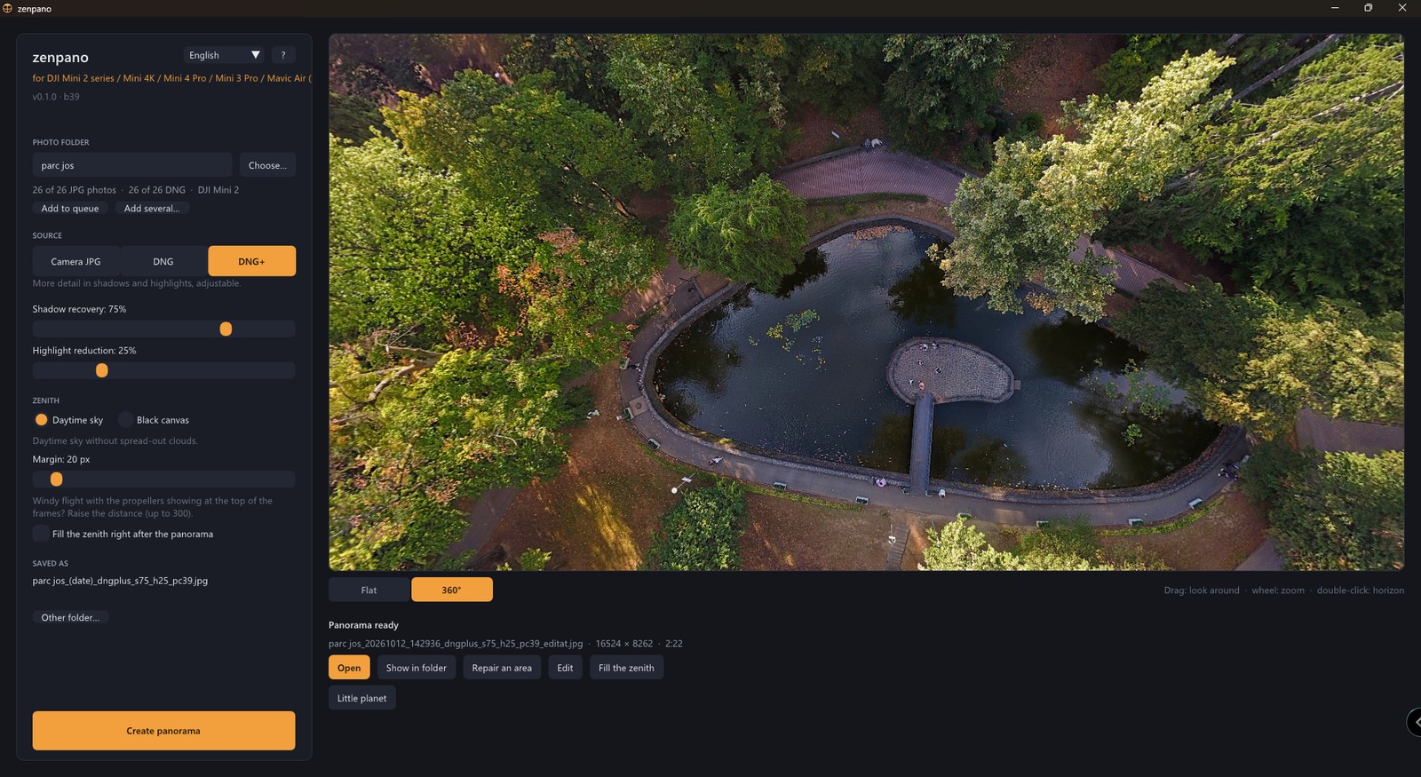 zenpano on Windows: settings on the left, the finished panorama in a 360 viewer on the right, with buttons to open, repair, edit and fill the zenith